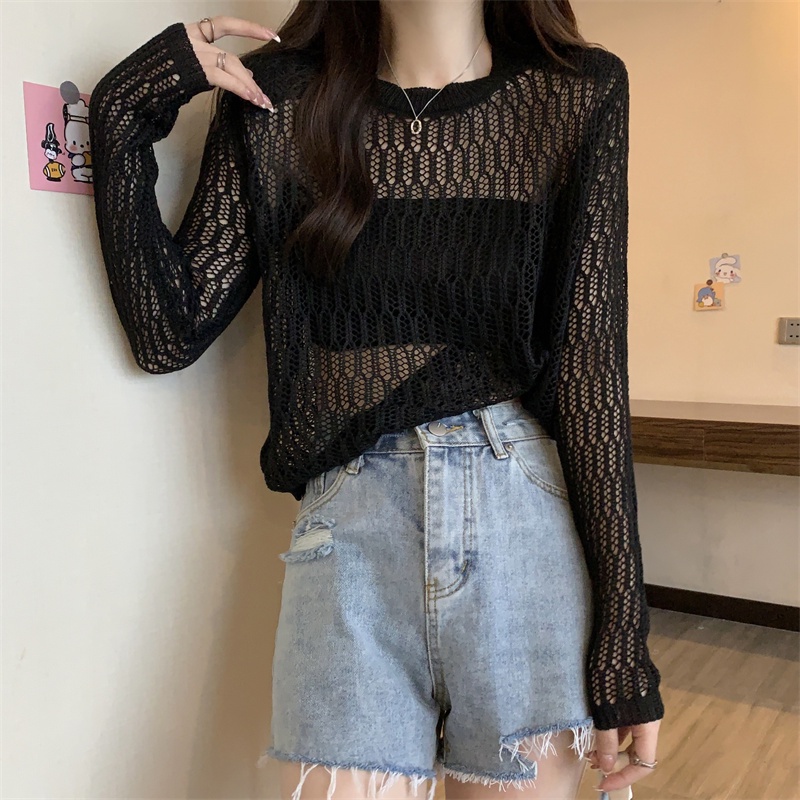 SUXI Áo Dệt Kim Tay Dài Cổ Tròn Hở Vai Màu Sắc Trơn Dành Cho Nữ