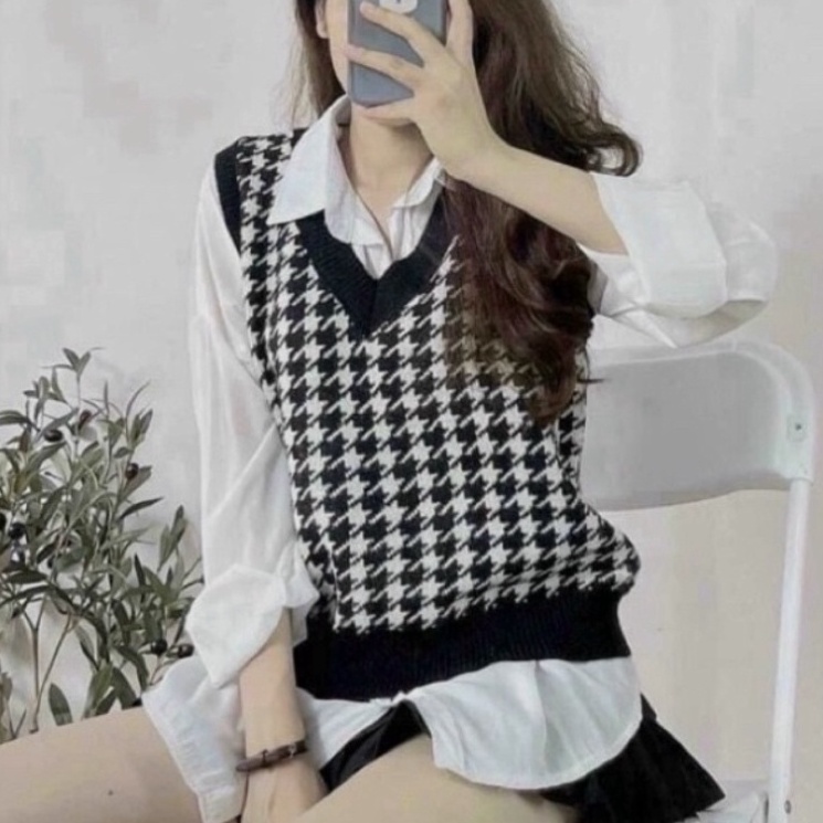 Áo gile len kẻ caro,áo ghile nữ họa tiết zizax hàng đẹp Quảng Châu A491 Noiyxanh nội y xanh chất len quảng châu