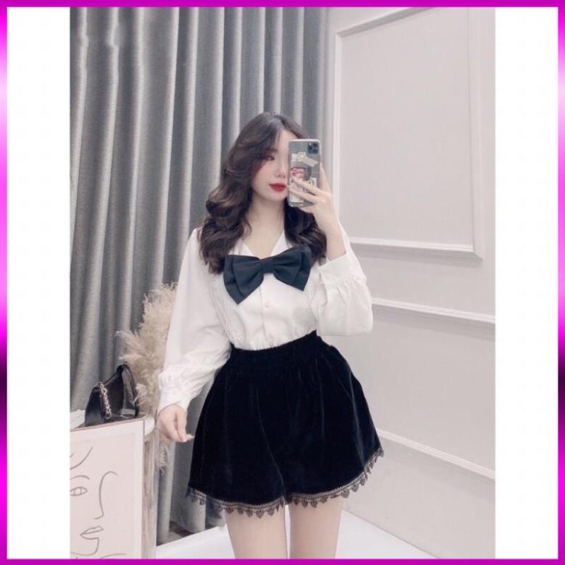 Quần shotr_quần sooc nhung phối viền ren lưng chun co dãn