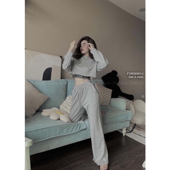 Set thể thao l dài áo trắng ngắn xinh e ba lỗ lai bo chữ kèm quần suông