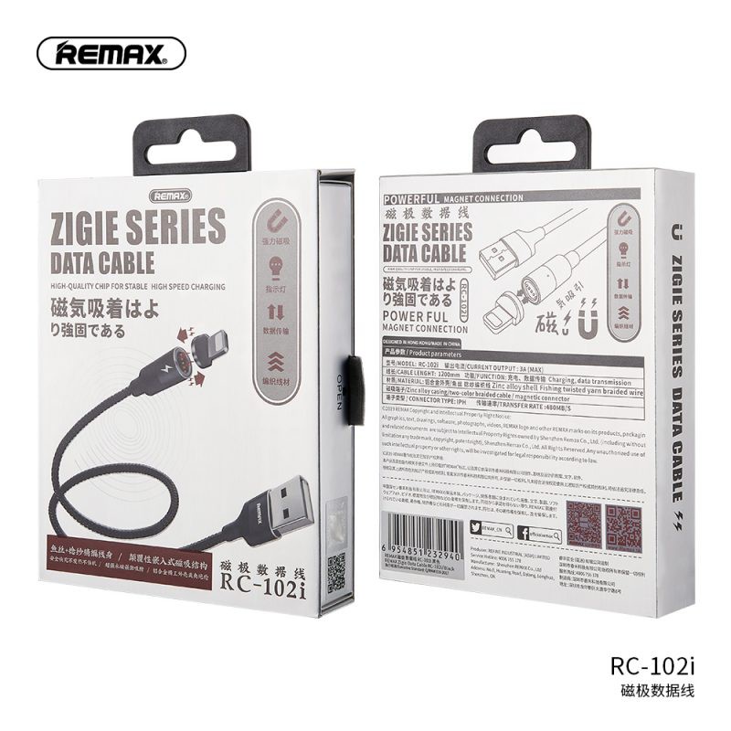Cáp sạc nhanh Remax RC-102 đầu nam châm sạc nhanh 3A 1.2m cho cổng Lightning Micro USB Type-C