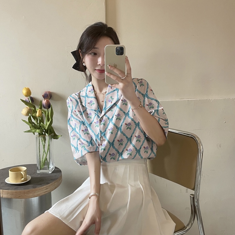 Áo sơ mi ZHELIHANGFEI ngắn tay cổ bẻ họa tiết hoa phong cách sang trọng dễ phối đồ