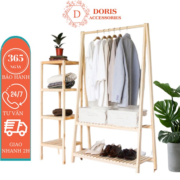 Giá treo quần áo chữ A gỗ thông cao cấp Hàn Quốc l Giá treo quần áo gỗ thông 1 tầng - 2 tầng DORIS ACCESSORIES