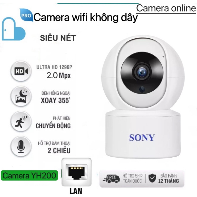 Camera wifi trong nhà xoay 360 độ SONY YH200 2.0MP Full HD chuẩn nén H265 - đàm thoại 2 chiều, phát hiện chuyển động
