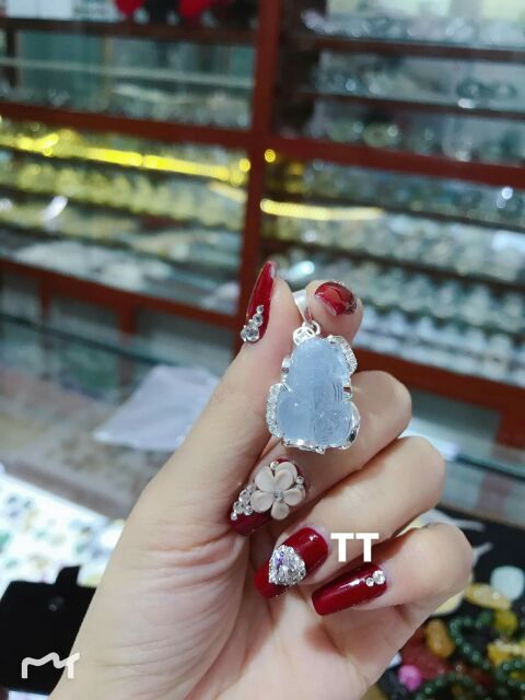 Mặt hồ ly/tỳ hưu aquamarine bọc bạc