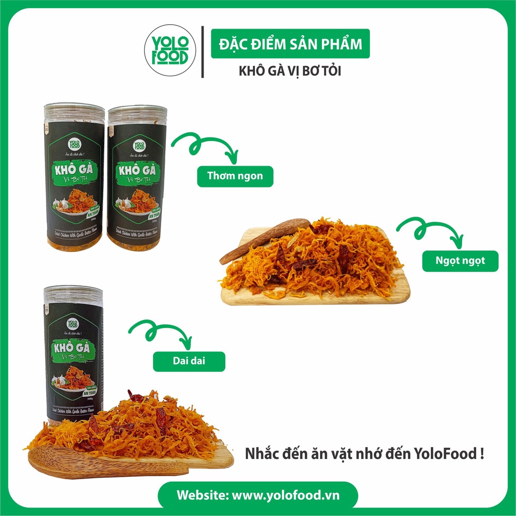 Khô gà bơ tỏi 300g YOLO FOOD đồ ăn vặt, ngon, chất lượng, khô gà bơ tỏi xé cay loại 1 vị truyền thống đóng hộp atvstp
