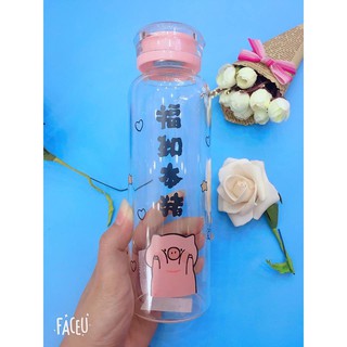 Bình thủy tinh họa tiết Heo Hồng Đáng yêu 500ml thủy tinh an toàn, thân thiện môi trường mang đi học, đi chơi, đi làm ti