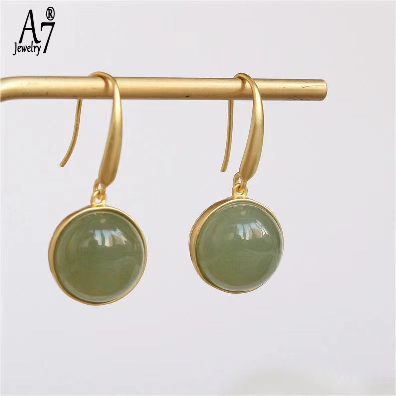 Bông Tai Mạ Bạc 925 Hình Tròn Đính Đá Ngọc Bích Màu Xám Thanh Lịch