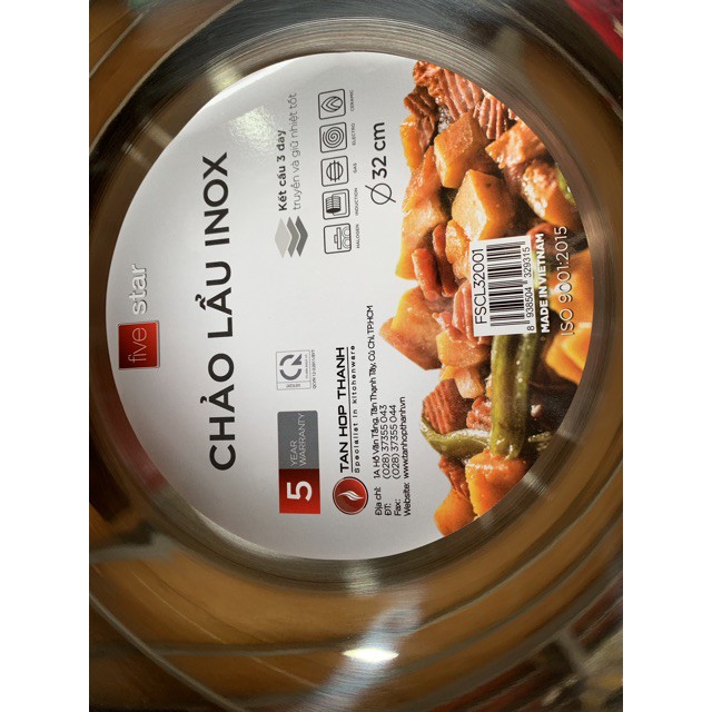 Chảo lẩu xào sâu lòng inox 430 Fivestar 3 đáy bếp từ nắp kính (32cm) W32-3DG, tặng 2 va canh