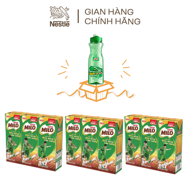 [Mã GRO1MILO1 giảm 10% đơn 150K] [Tặng bình nước Milo] Combo 3 lốc sữa Nestle Milo 195ml/ hộp x 9