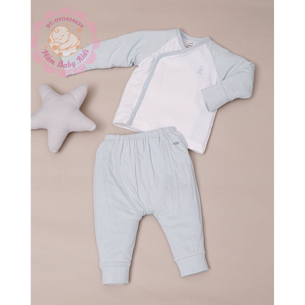 Bộ Quần Áo Sơ Sinh Nous Cài Lệch Trắng Xanh Lơ Nhạt Nous (Size Sơ Sinh Newborn NB)