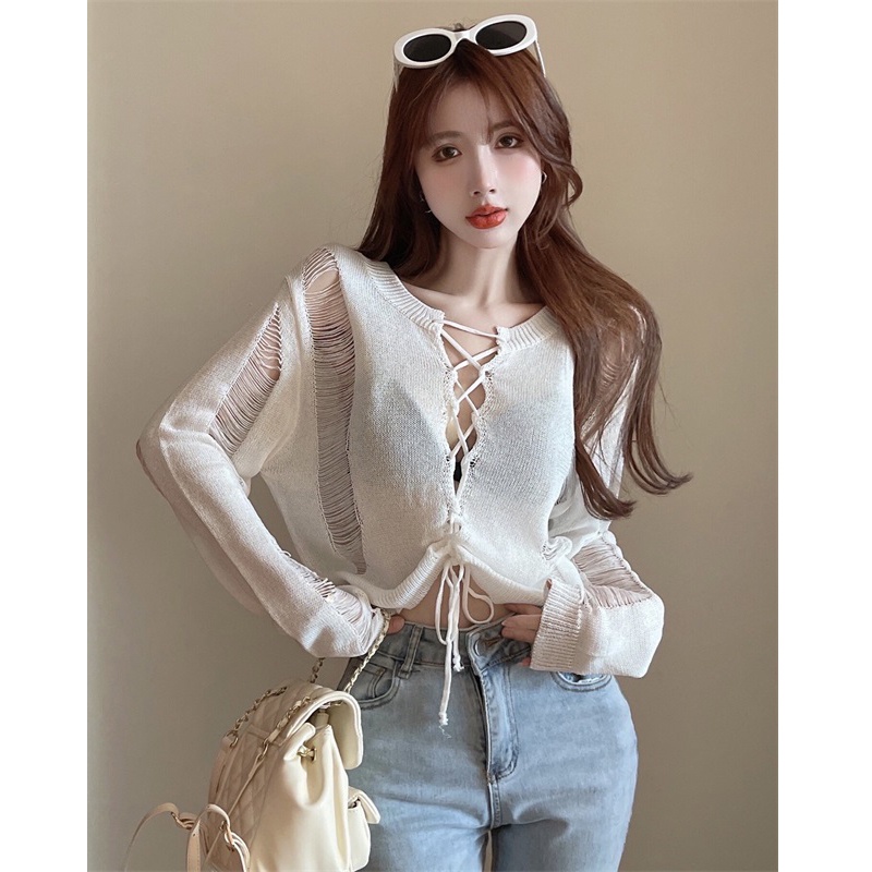Porozi  Áo sweater dệt kim tay dài thiết kế rách phong cách Hàn Quốc thời trang cá tính cho nữ