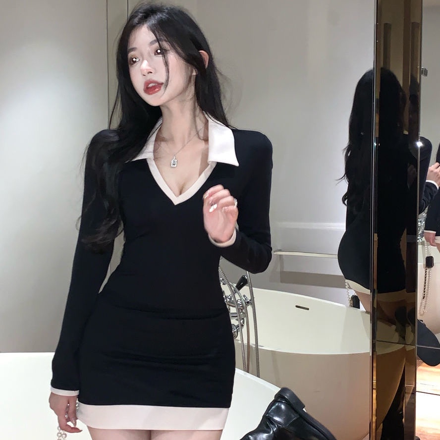 Đầm ôm cổ chữ V màu sắc tương phản thời trang thu đông quyến rũ cho nữ