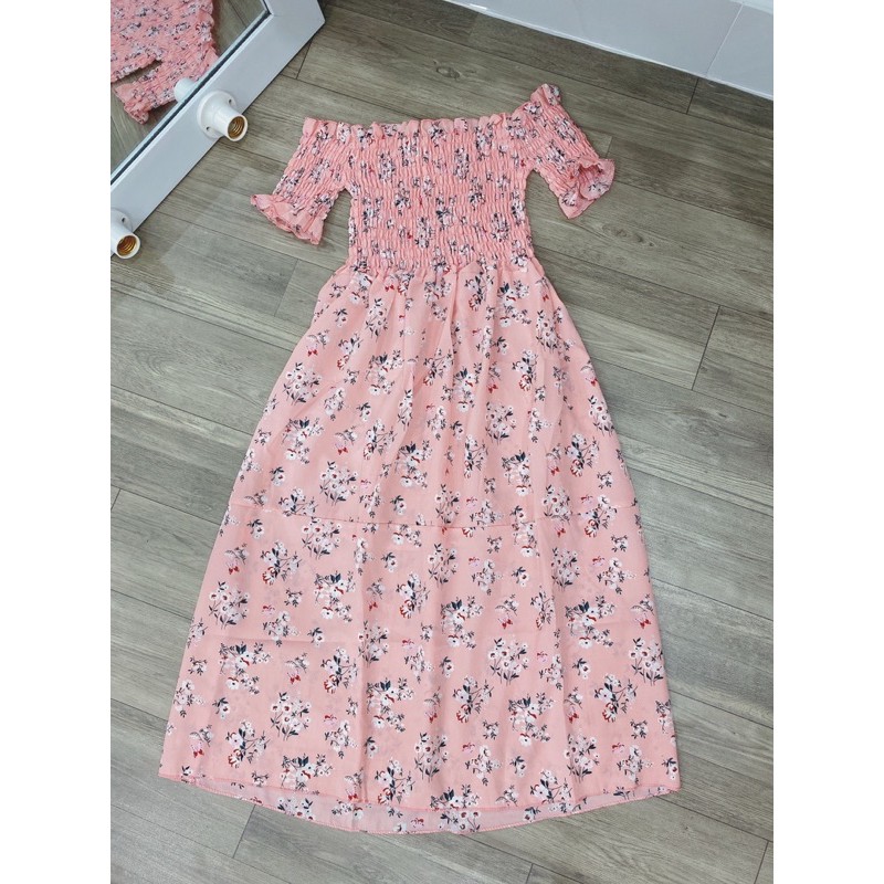 đầm trễ vai hoa nhí may nhún xoè bồng kx