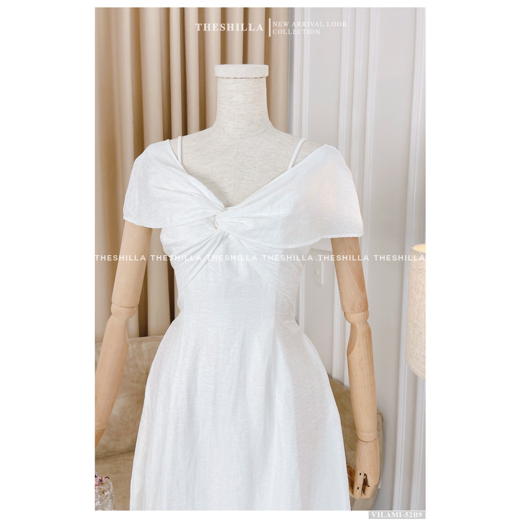 Váy thiết kế cao cấp màu trắng bẹt vai xoắn nơ ngực [ Có video + Ảnh thật ] The Shilla - Vilami-52B9