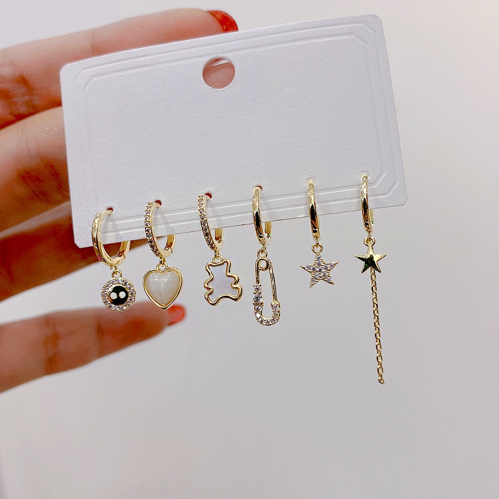 Set 6 Khuyên Tai Tròn Đính Đá Thời Trang Dành Cho Nữ