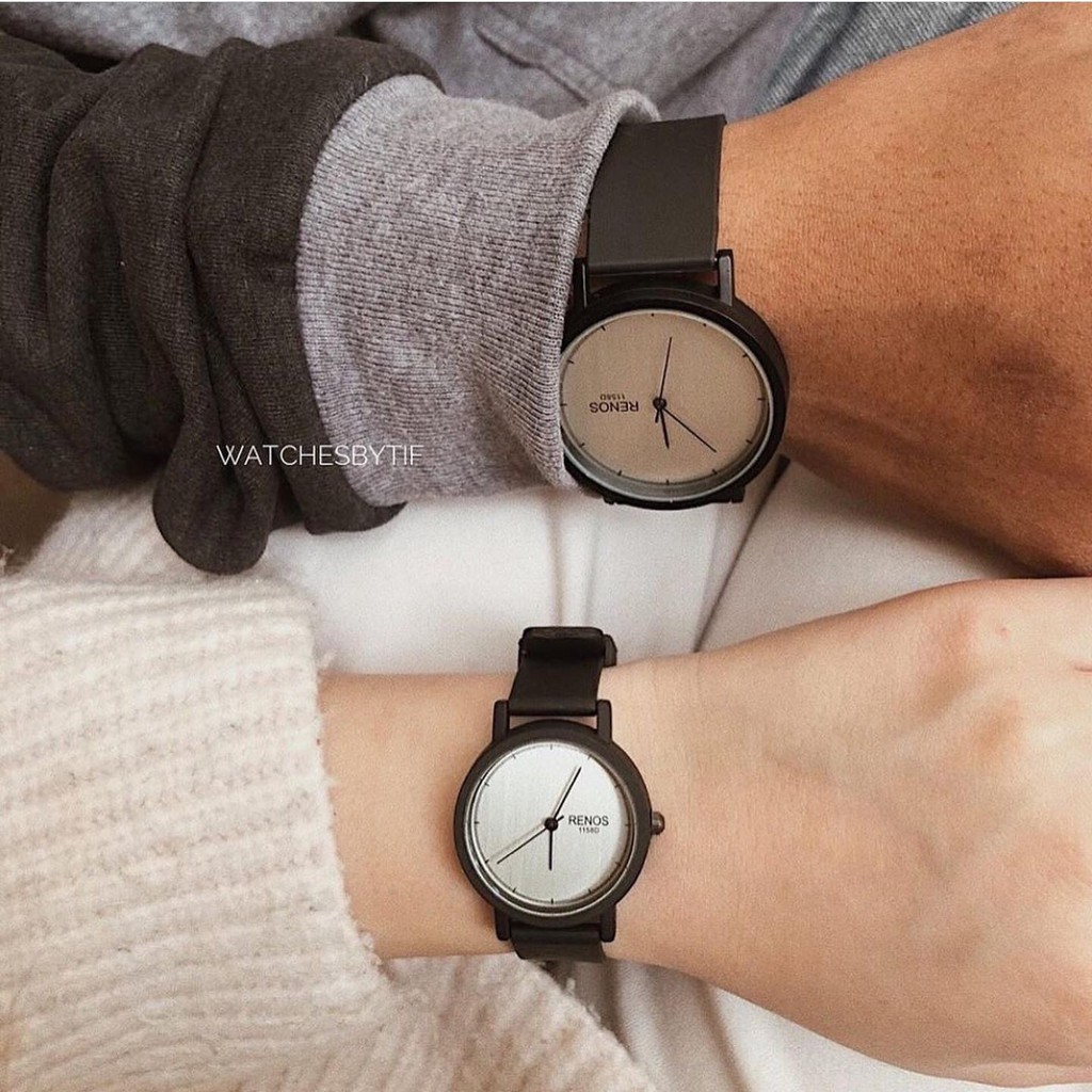 Đồng hồ cặp nam nữ dây cao su RENOS TRƠN trắng xám đồng hồ đôi thể thao cá tính Watchesbytif size 26mm & size 38mm