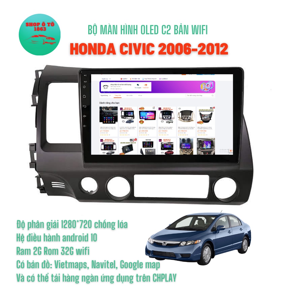 Màn hình Android OLED C2 theo xe HONDA CIVIC 2007-2012 9'' inch Ram 2G Rom 32G Tặng bản đồ dẫn đường VIETMAPS1