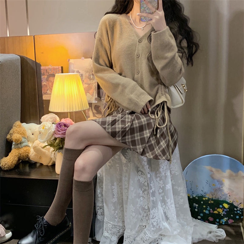 Hàng Mới Về Mới Set Chân Váy Xếp Ly Và Áo Khoác Cardigan Phong Cách Hàn Quốc Cho Nữ