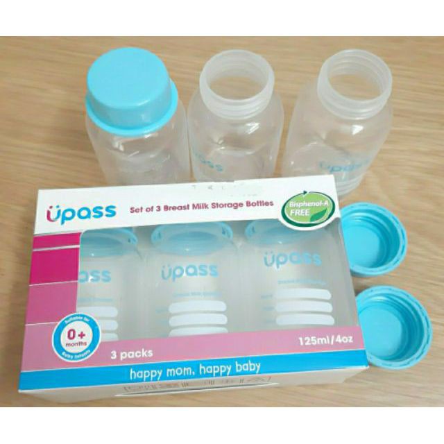 (Made in Thailand) Bộ 3 bình trữ sữa CỔ THƯỜNG (CỔ HẸP) 125ml Upass UP0030N ( Tặng 02 túi trữ sữa )