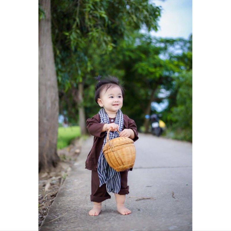 Bộ Đồ Chú Cuội Chị Hằng Cho Trẻ Em Nhân Dịp Trung Thu, Bộ Trang Phục Chú Cuội Cho Trẻ Em Vải Kate Kèm Khăn Rằn