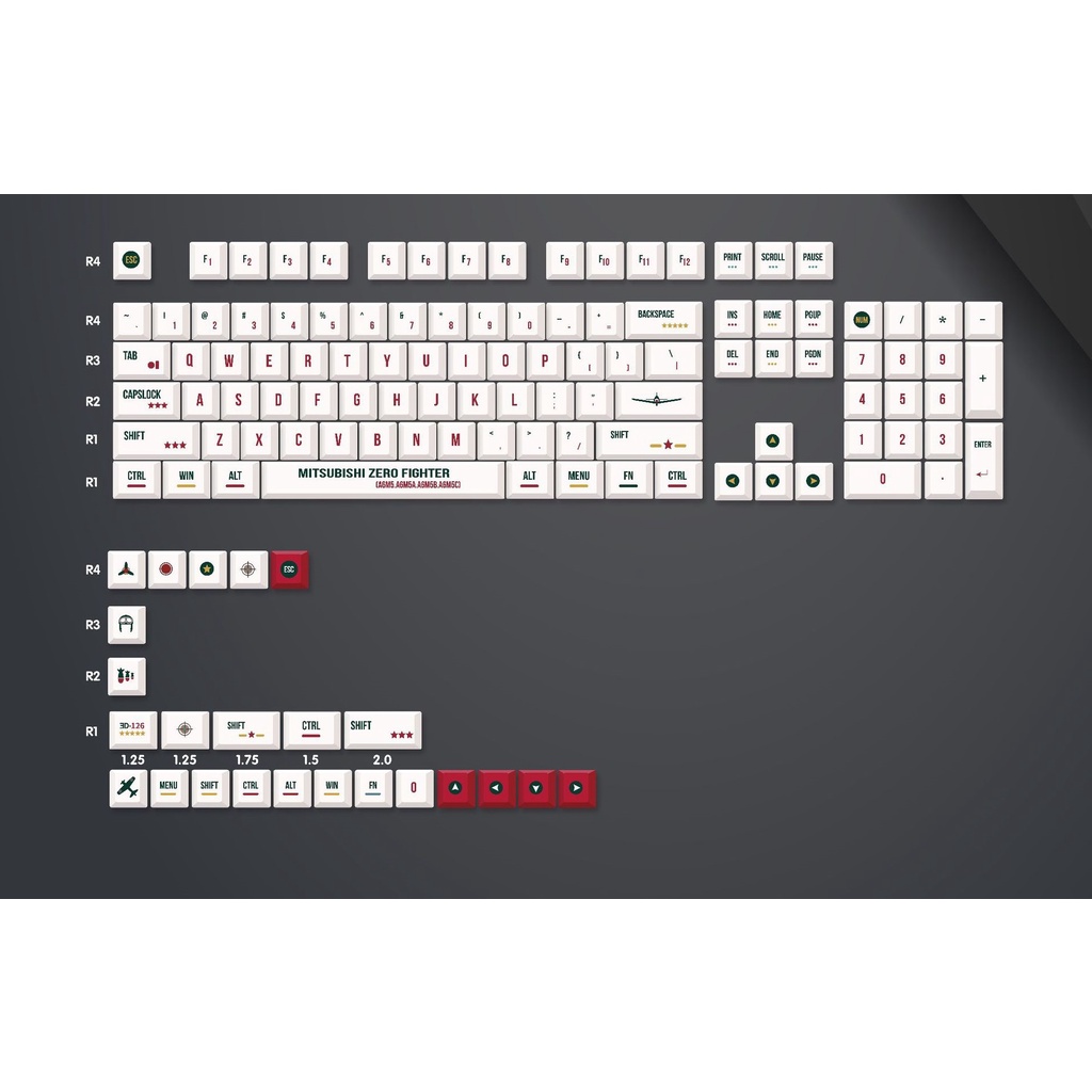 Bộ nút keycap PBT Cherry profile Zero Fighter 61 60 68 80 84 87 128