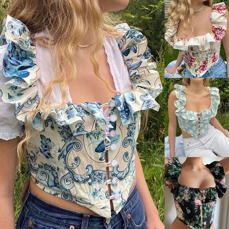 Ivy Áo Thun Nịt Bụng Không Tay In Hoa Thanh Lịch Trang Trí Cho Nữ