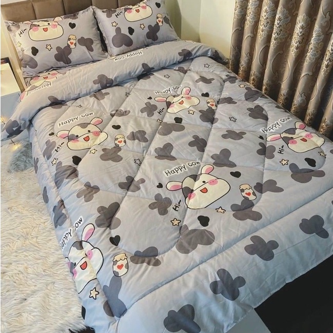Trọn bộ 5 món ga gối chăn phao trần bông poly cotton có ruột bông dày