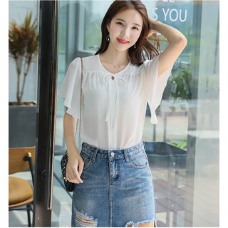 Áo sơ mi nữ GIÁ SỈ kiểu cổ tròn dây nơ tay ngắn