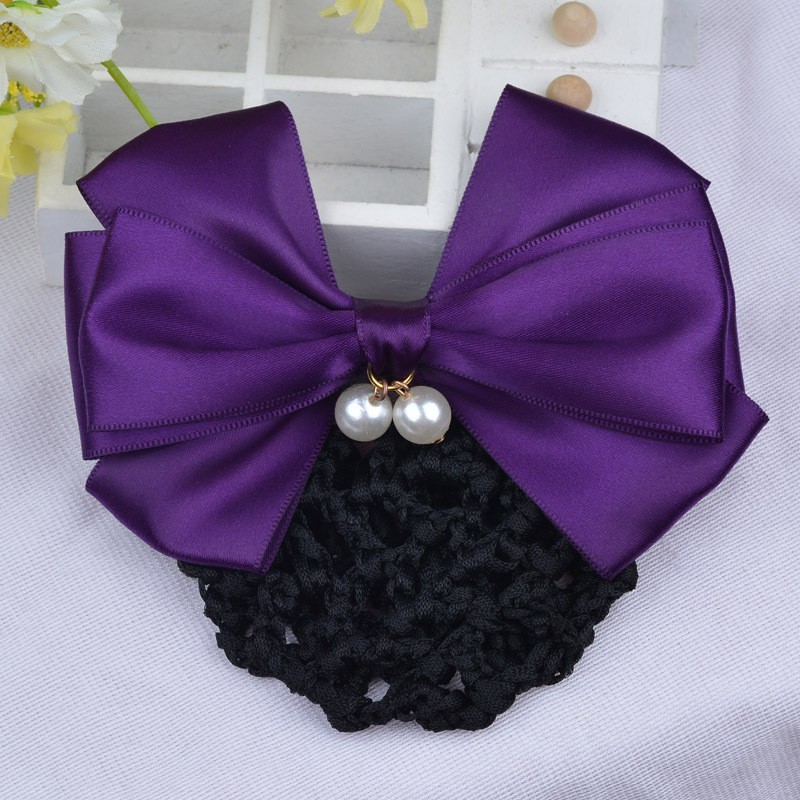 Búi tóc lưới tóc công sở kẹp nơ satin đính hạt tròn, phụ kiện thời trang nữ