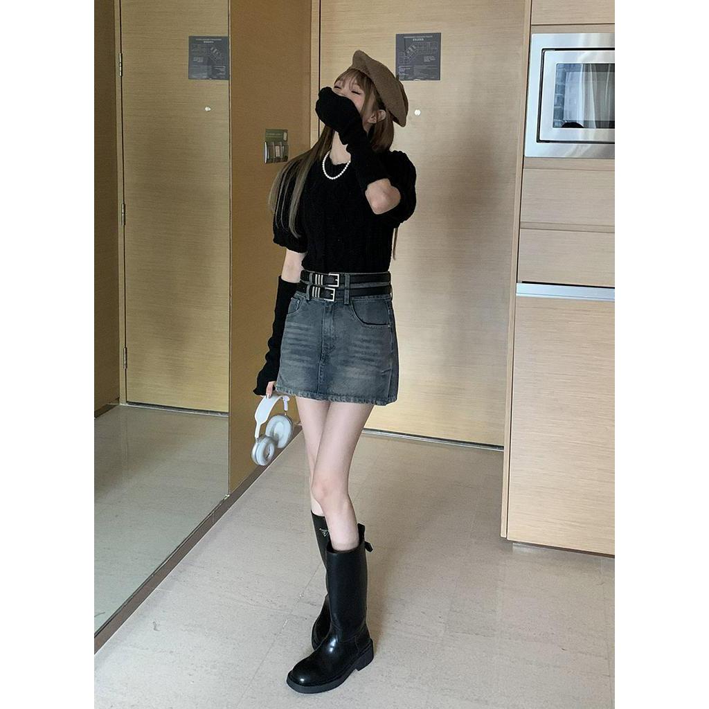 60944 Miễn Phí 2 Thắt Lưng Váy Denim Cạp Cao Hakama