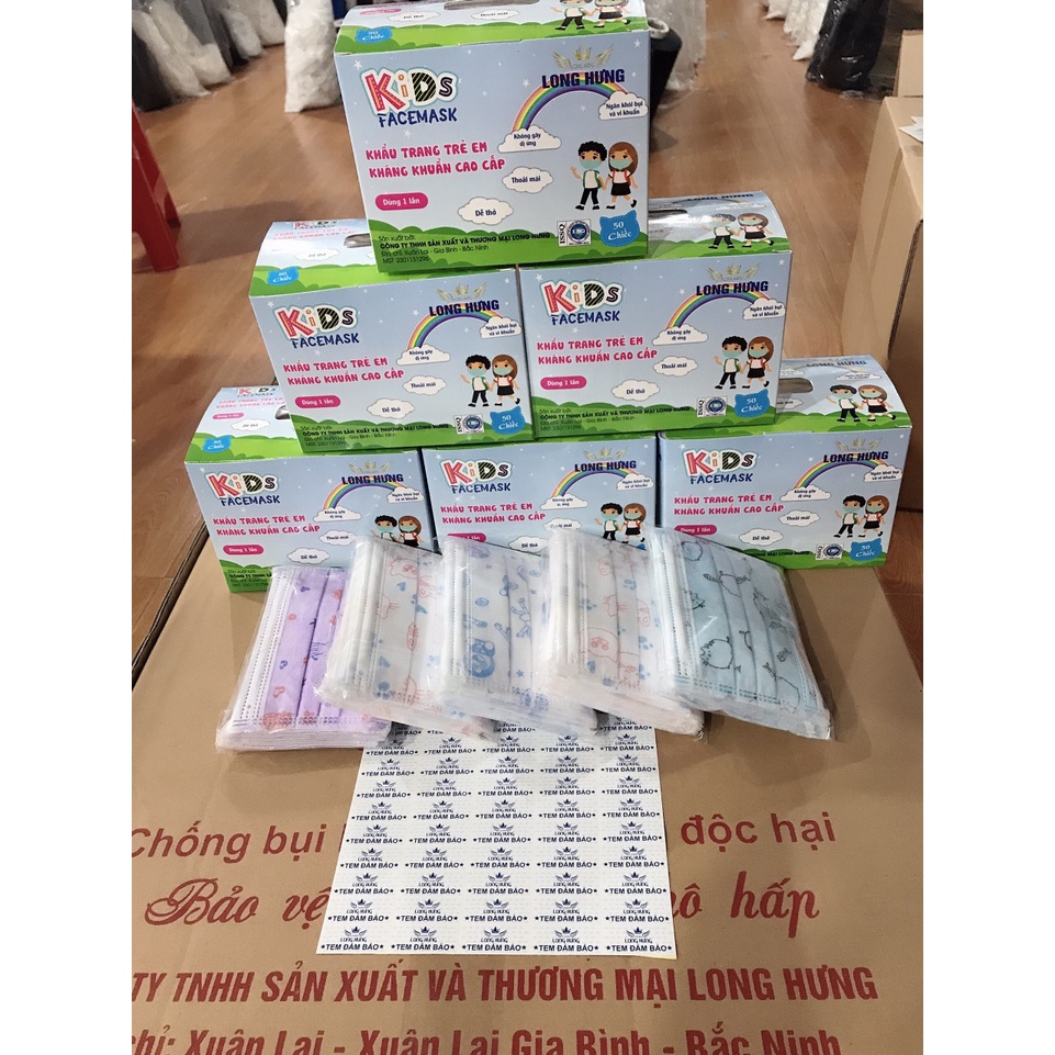 Khẩu Trang Trẻ Em Y Tế Long Hưng - Hộp 50 chiếc - Hàng Chính Hãng - Nhiều Màu Sắc - Cam Kết Chính Hãng