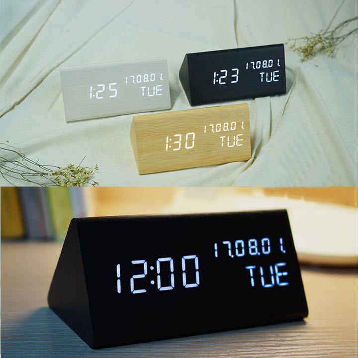 Đồng hồ báo thức điện tử vỏ gỗ khối tam giác [Free Ship 99k]