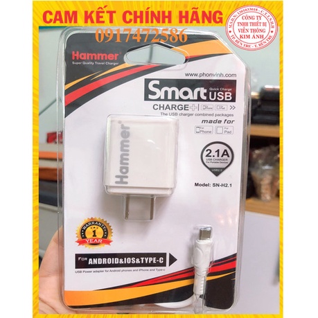 TYPE C-Bộ sạc Hammer  CHÍNH HÃNG DÒNG ĐIỆN  2.1A CHUÔI TYPE C, Bảo hành 12 tháng