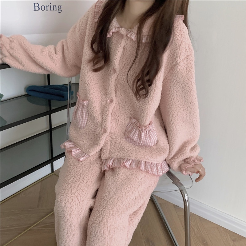 Set bộ lông nữ áo lông dài tay cổ sen viền caro mix quần lông cạp chun freesize