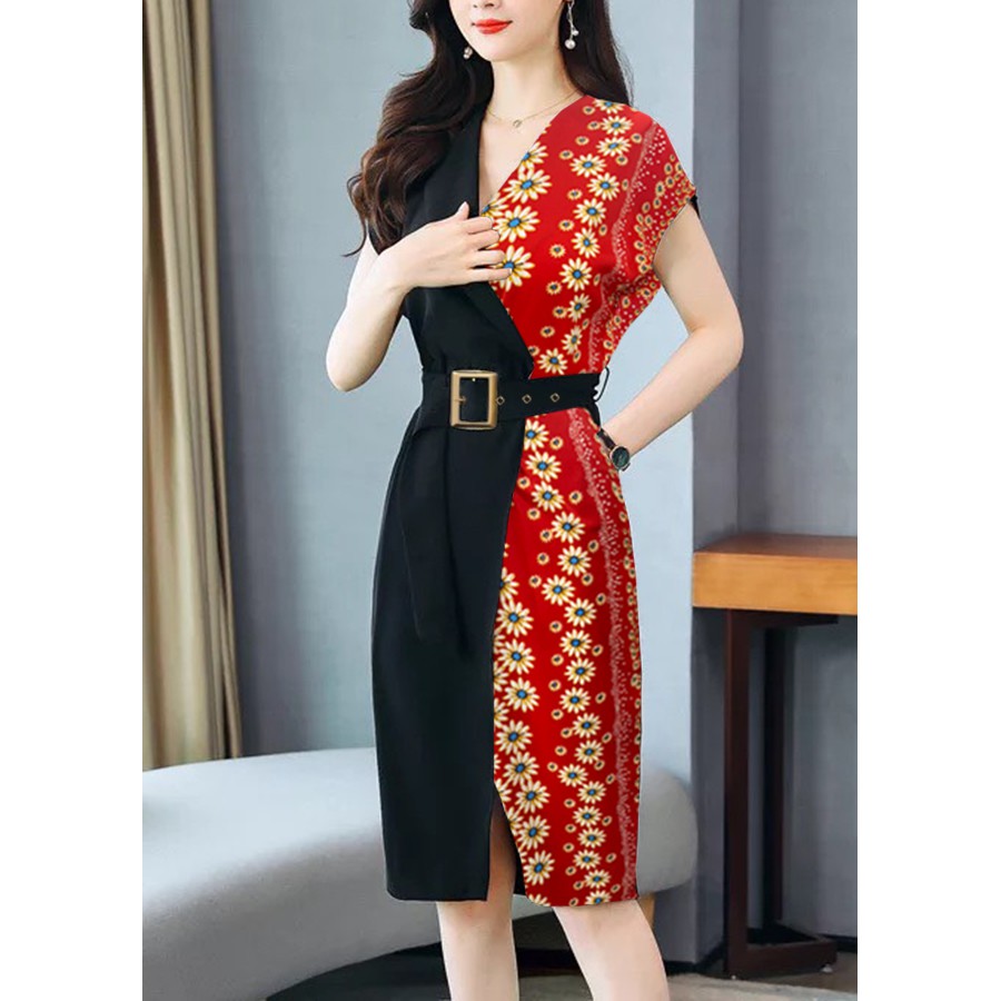 GOTI - Đầm Dự Tiệc Trung Niên Cao Cấp Cổ Đắp Chéo Kèm Thắt Lưng Phối Màu Cao Cấp 3241 3275 3253