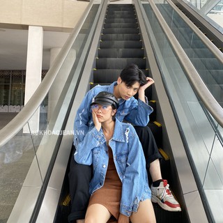 Áo khoác jean cặp đôi Rách Xanh Vintage form rộng unisex , Có 6 túi có túi trong