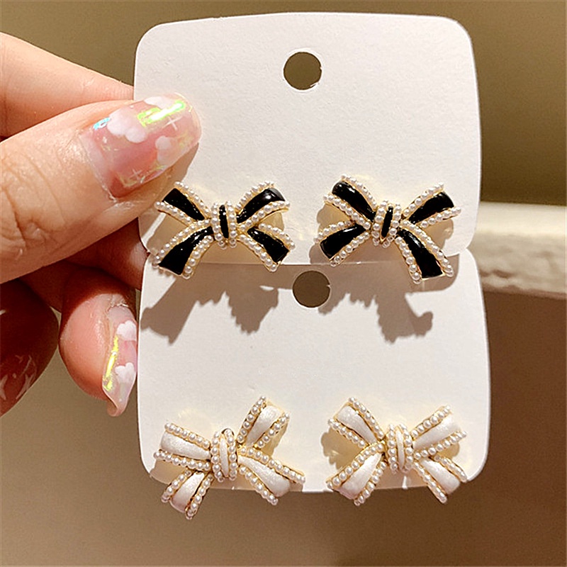 Bông tai bạc 925 hình nơ đính ngọc trai dễ thương phong cách Hàn Quốc cho nữ