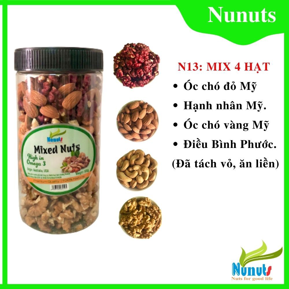 Mix hạt dinh dưỡng gồm 4 loại nhân hạt  Nunuts, đã tách vỏ, ăn liền NN13