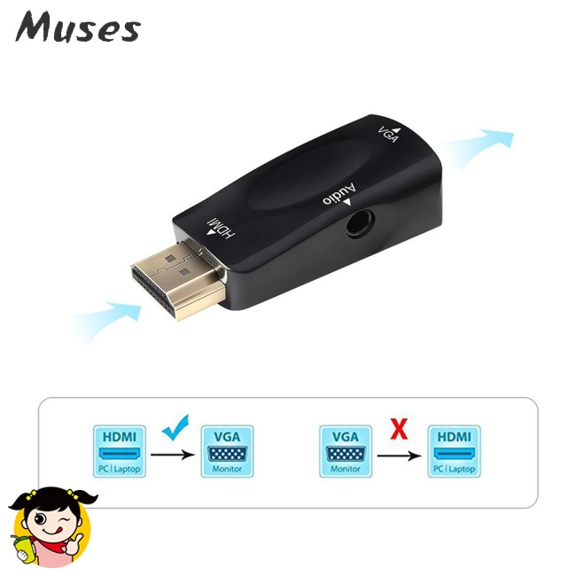 Muse07 Adapter nối cổng 1080P HDMI sang VGA cho laptop và máy tính with 3.5 mm Audio Video Jack