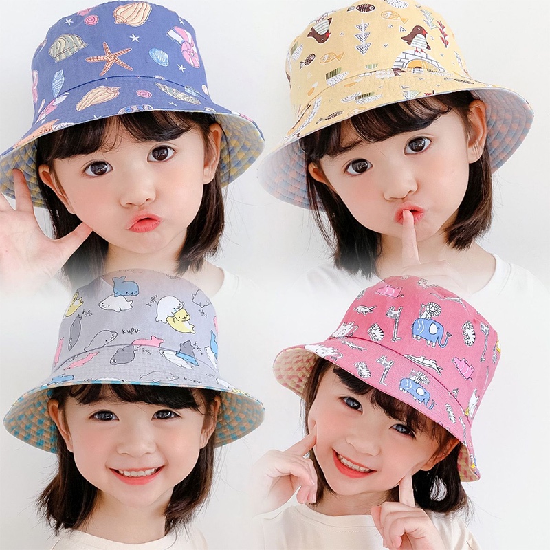 Mũ tai bèo hai mặt in họa tiết hoạt hình đáng yêu thời trang mùa hè dành cho bé trai và bé gái