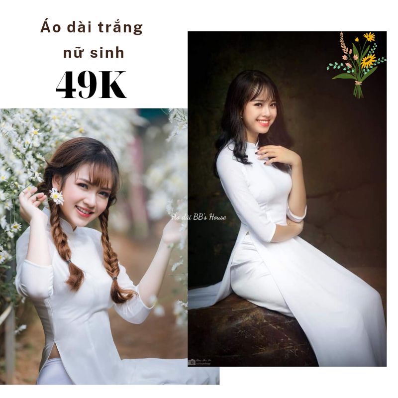 Áo dài trắng học sinh sinh viên chụp kỷ yếu họp lớp phù hợp nhiều dịp, mẫu 2 tà (thanh lý)