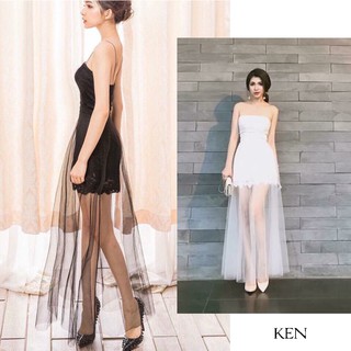 Đầm maxi dự tiệc cao cấp - Đầm ren trắng đen hai dây cúp ngực dáng ôm body thiết kế đi tiệc sang trọng _ LUCY