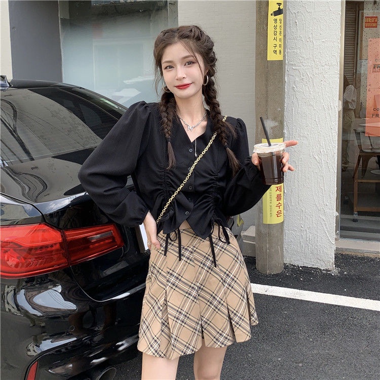 Áo Sơ Mi Cổ Chữ V Tay Dài Phối Dây Rút Phong Cách Hồng Kông Thời Trang Mùa Thu Dành Cho Nữ 2021