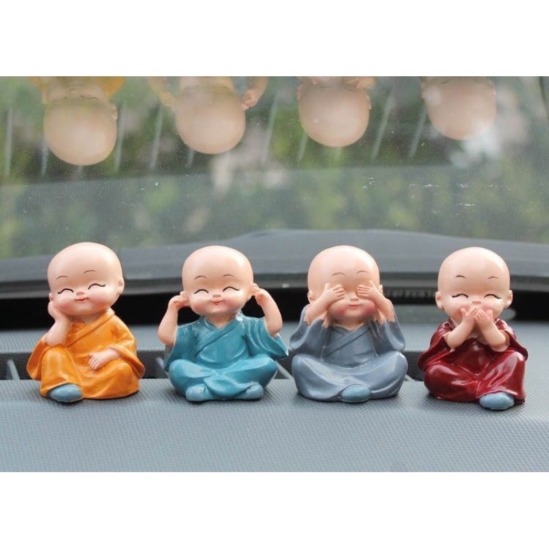 Bộ Tượng Chú Tiểu Hòa Thượng Tứ Không - Phật Phong Thủy Mini 4 Tư Thế, Trang Trí Xe Hơi, Để Bàn Làm Việc
