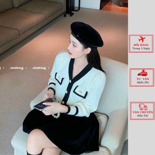 Áo Cardigan Dệt Kim Tay Dài Cổ Chữ V Cúc Ngọc Màu Đen Trắng Phong Cách Hàn Quốc thời trang nữ yolo fashion
