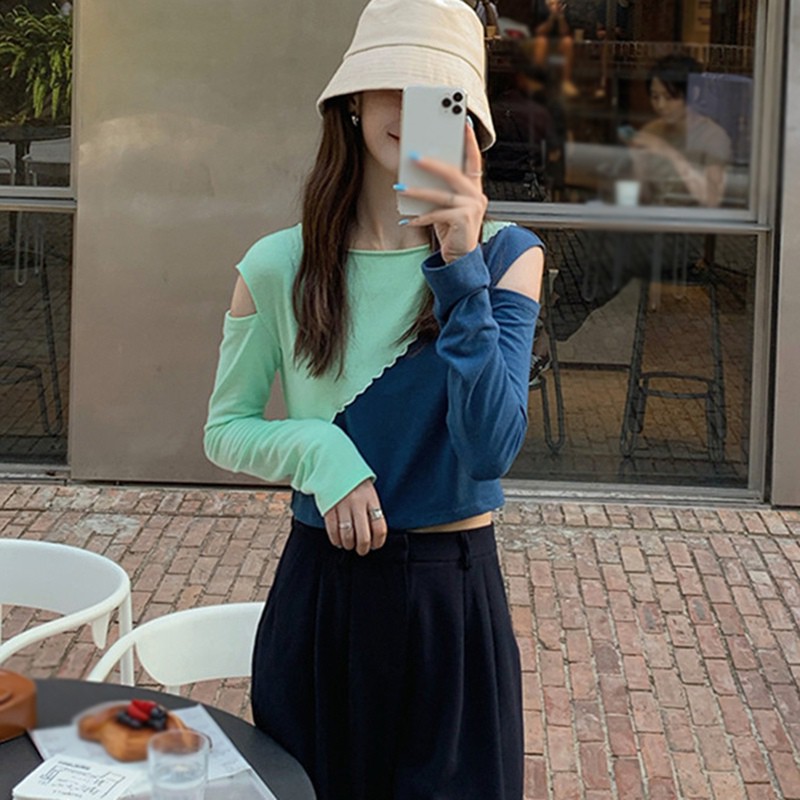 Áo thun cổ tròn tay dài hở vai hợp thời trang gợi cảm cho nữ