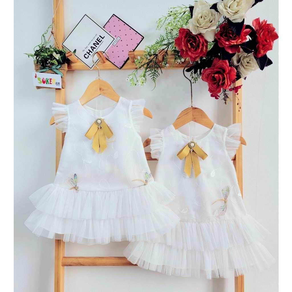 Đầm voan công chúa cho bé gái  dự tiệc diện tết đẹp thêu chuồn chuồn size 10-32kg hàng thiết kế cao cấp