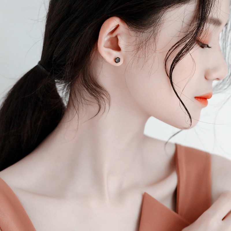 Khuyên tai PAPAOZHU mạ bạc 925 hình học màu đen thời trang