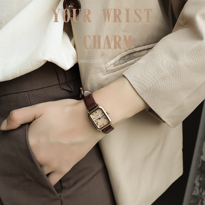 Đồng hồ nữ dây da mặt nhỏ GEDI da nâu mặt gold đồng hồ nữ mặt vuông phong cách Hàn Quốc Watchesbytif size 22mm | BigBuy360 - bigbuy360.vn